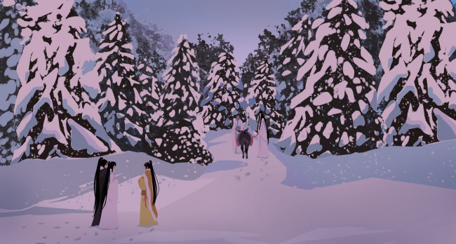 Обои картинки фото аниме, mo dao zu shi, заклинатели, лес, снег, ослик