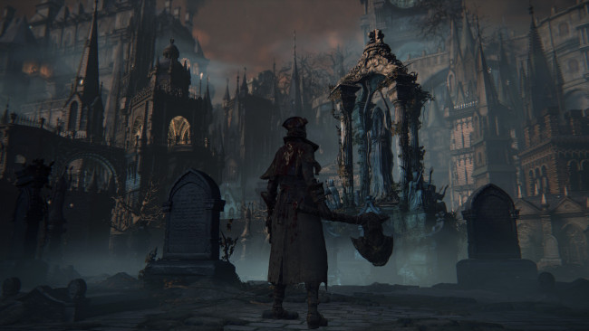 Обои картинки фото видео игры, bloodborne, человек, топор, могилы, статуя, здания
