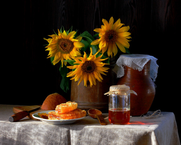 Обои картинки фото еда, мёд,  варенье,  повидло,  джем, подсолнухи, букет, мед, соты