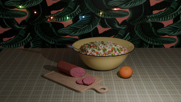 Картинка 3д+графика праздники+ holidays оливье колбаса салат мандарин разделочная доска новый год