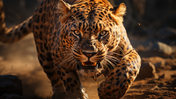 Картинка 3д+графика животные+ animals взгляд морда природа поза леопард оскал агрессия ии-арт