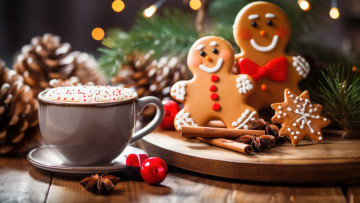 Картинка праздничные -+разное+ новый+год ветки кофе человечки шарик печенье рождество кружка чашка