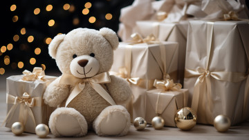 обоя праздничные, мягкие игрушки, игрушка, медведь, рождество, мишка, подарки, новый, год, медвежонок, тедди