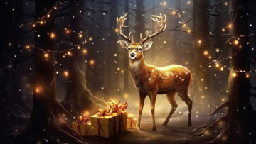 обоя рисованное, животные,  олени, зима, лес, свет, олень, рождество, новый, год, ии-арт, нейросеть
