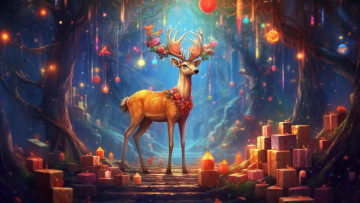 Картинка рисованное животные +олени зима лес свет олень рождество новый год ии-арт нейросеть