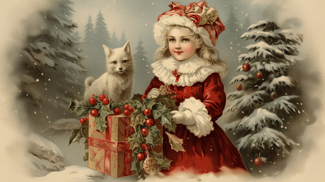 Обои картинки фото рисованное, дети, зима, лес, кошка, кот, листья, шарики, снег, ветки