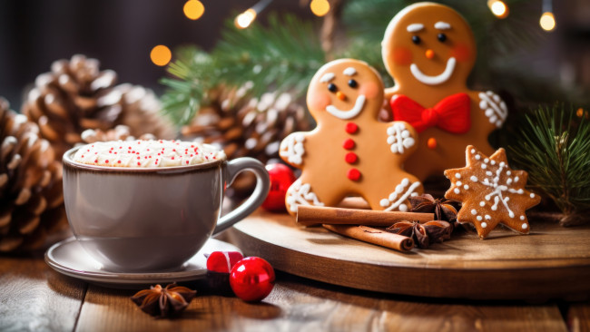 Обои картинки фото праздничные, - разное , новый год, ветки, кофе, человечки, шарик, печенье, рождество, кружка, чашка