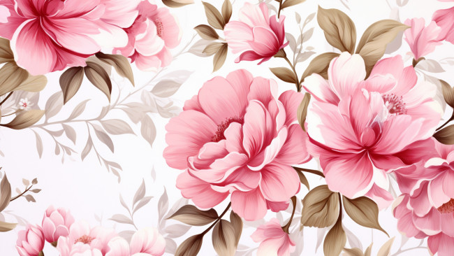 Обои картинки фото рисованное, цветы, листья, текстура, весна, белый, фон, розовые, пионы, пион