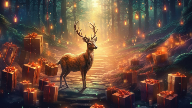 Обои картинки фото рисованное, животные,  олени, зима, лес, свет, олень, рождество, новый, год, ии-арт, нейросеть