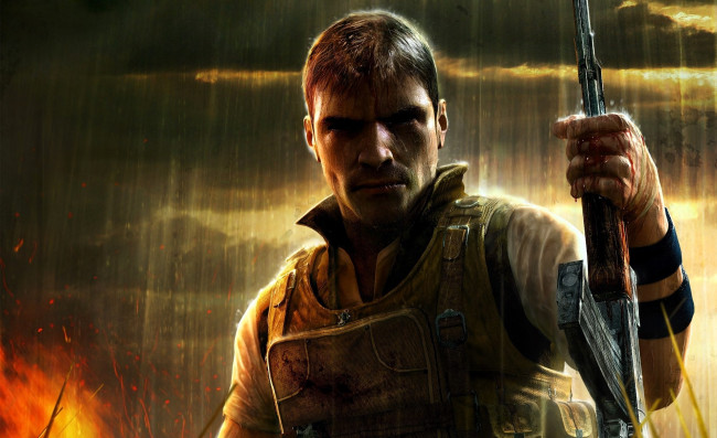 Обои картинки фото видео игры, far cry 2, мужчина, оружие, дождь, огонь