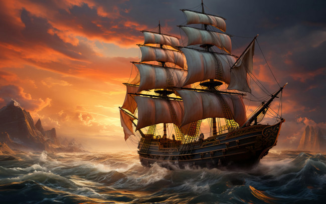 Обои картинки фото корабли, 3d, море, небо, вода, облака, корабль, парусник, паруса, водоем