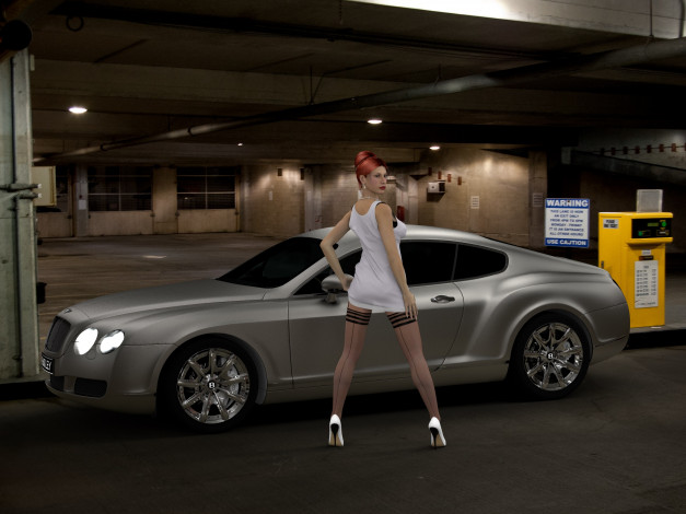 Обои картинки фото автомобили, 3d car&girl, фон, взгляд, девушка, автомобиль, рыжая