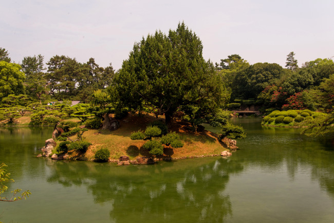 Обои картинки фото takamatsu ritsurin garden japan, природа, парк, река, деревья, кусты