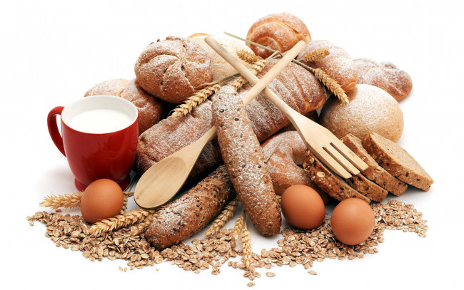 Обои картинки фото еда, разное, колосья, молоко, булочки, хлеб, выпечка, яйца