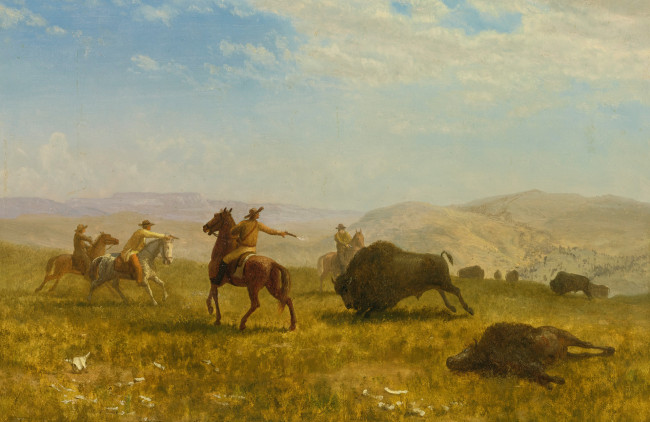 Обои картинки фото рисованное, живопись, альберт, бирштадт, дикий, запад, ковбой, охота, картина, бизон