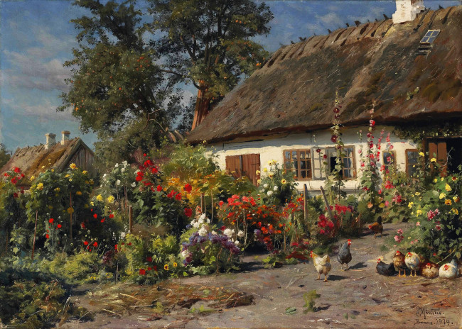 Обои картинки фото рисованное, живопись, peder, monsted, дом, хижина, куры, цветы, 1919