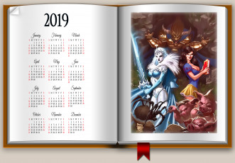 обоя календари, фэнтези, существо, женщина, книга, паук, оружие