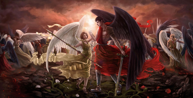 Обои картинки фото фэнтези, ангелы, оружие, бой, фон, мужчина, девушка