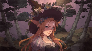 Картинка аниме животные +существа девушка уши шляпа цветы лес