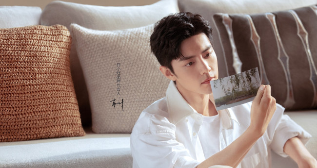 Обои картинки фото мужчины, xiao zhan, актер, открытка, диван, подушки