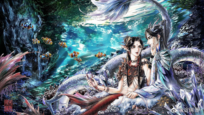 Обои картинки фото аниме, mo dao zu shi, вэй, усянь, лань, ванцзы, русалки, рыбы, дно