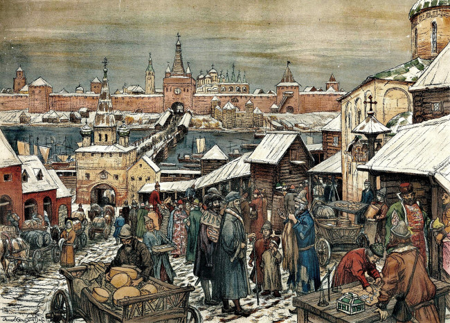 Обои картинки фото рисованное, аполлинарий васнецов, город, люди, старина, ярмарка