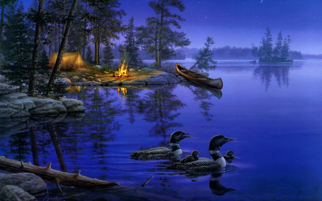 Обои картинки фото world, away, рисованные, darrell, bush, лодка, утки, озеро, лес, палатка, костер