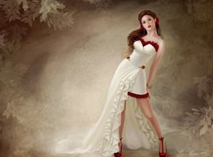 Картинка фэнтези девушки фон поза узор красные туфли белове платье девушка