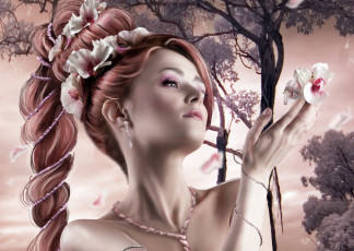 Картинка фэнтези девушки коса цветы дерево