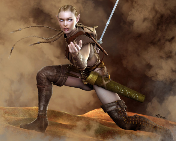 Обои картинки фото 3д, графика, elves, эльфы, воительница, эльфийка, меч, амазонка, сапоги, косички, стрелы, колчан
