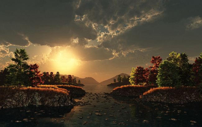 Обои картинки фото 3д, графика, nature, landscape, природа, солнце, тучи, деревья, река, горы