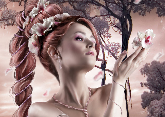 Обои картинки фото фэнтези, девушки, коса, цветы, дерево