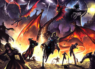 Картинка фэнтези драконы дракон люди пламя киборг горы фантастика монстры молнии меч сияние мрачно осколки цепь