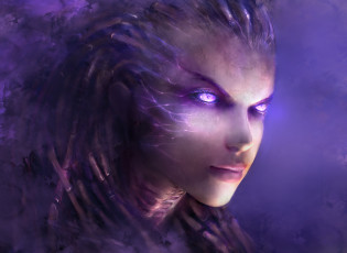 Картинка фэнтези существа фон фиолетовый девушка взгляд лицо