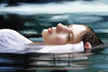 Картинка рисованные люди живопись девушка лицо голубые глаза рука лежит вода отражение