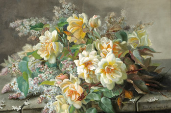 Картинка рисованные цветы сирень розы