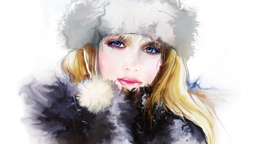 Картинка рисованные люди девушка лицо взгляд глаза ресницы шапка волосы зима