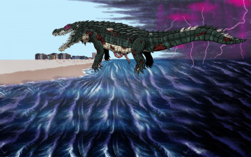 Картинка крокодил фэнтези существа пляж монстр дома паника тучи