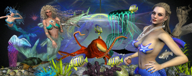 Обои картинки фото 3д графика, fantasy , фантазия, море, рыбы, русалки