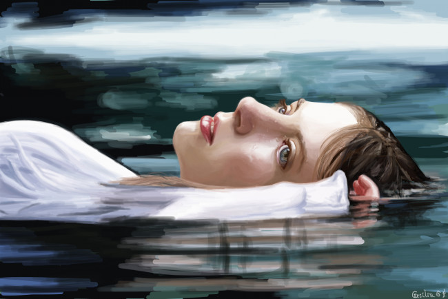 Обои картинки фото рисованные, люди, живопись, девушка, лицо, голубые, глаза, рука, лежит, вода, отражение