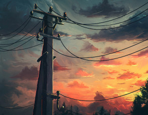 Картинка рисованное города закат небо облака лес провода вечер столб