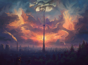Картинка рисованное города закат город вечер башня