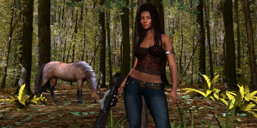 Картинка 3д+графика люди+ people лес взгляд фон лошадь оружие девушка