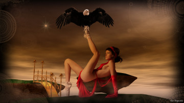 Картинка 3д+графика фантазия+ fantasy фон взгляд мостик орел девушка
