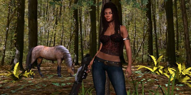 Обои картинки фото 3д графика, люди , people, лес, взгляд, фон, лошадь, оружие, девушка