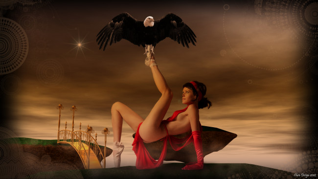 Обои картинки фото 3д графика, фантазия , fantasy, фон, взгляд, мостик, орел, девушка