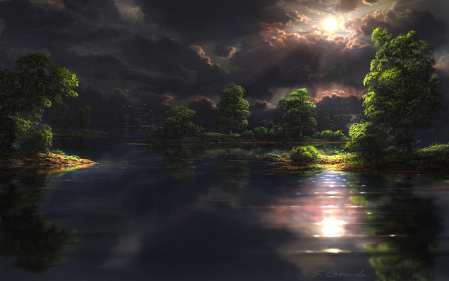 Обои картинки фото рисованное, природа, fel-x, просвет, тучи, птицы, солнце, лес, пейзаж, деревья, озеро
