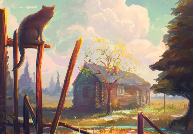Обои картинки фото рисованное, живопись, деревья, кот, дом, пейзаж, облака, забор