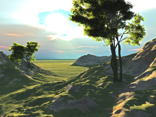 Картинка 3д+графика природа+ nature деревья облака вершины луг