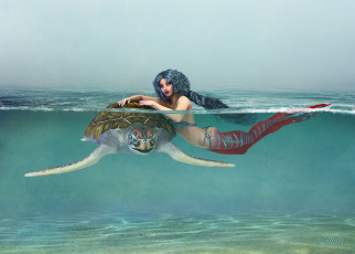 Картинка 3д+графика люди+ people девушка взгляд фон море черепаха